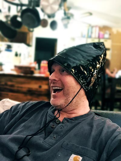 OverMachoGrande wearing his scalp heating cap to help fight hair loss!